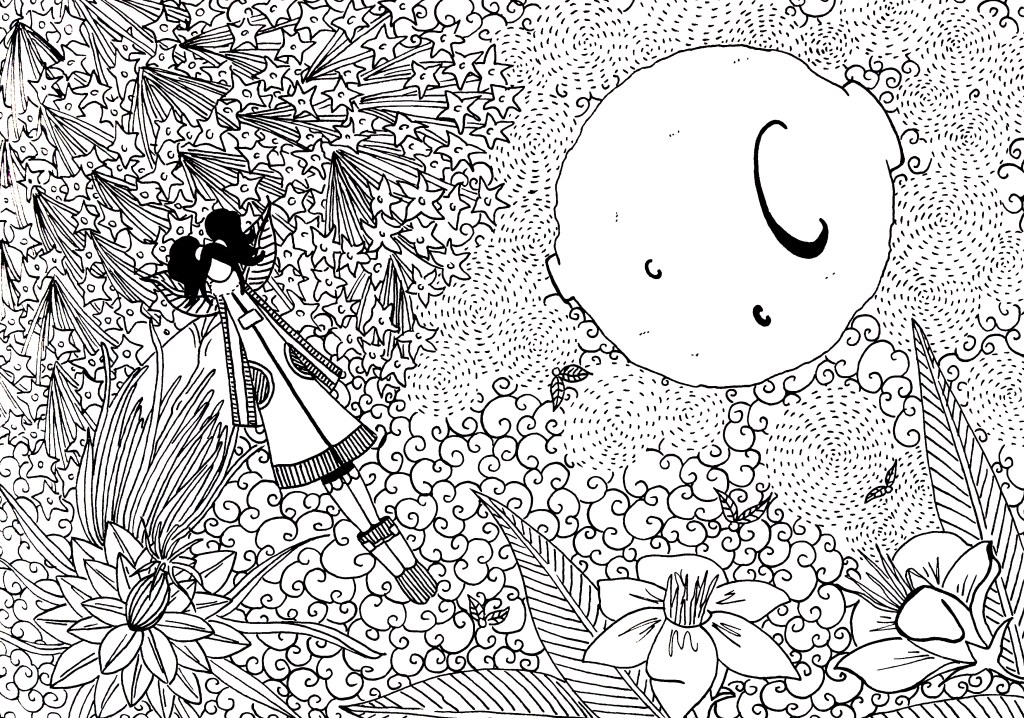 Ilustración que inspiro la historia de "Flores de noche". Aparece la luna de fondo y unas flores que se inspiran La dama de noche que tiene un olor muy característico de las noches de verano y una hada de los hombres hoja con dos coletas y dos alas en forma de hojas