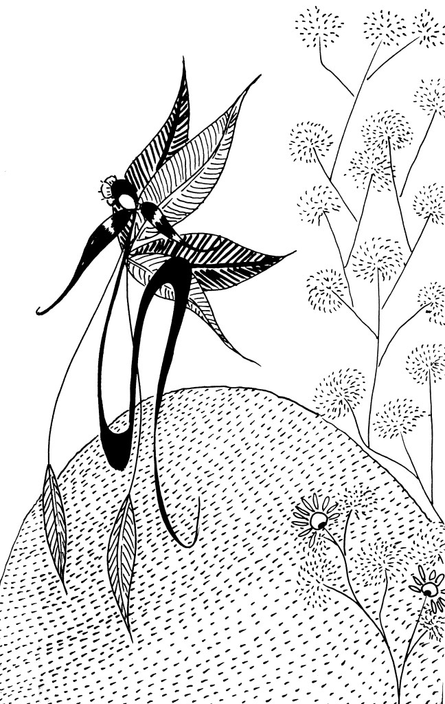 Ilustración que inspiro el cuento de "El despertar". En contáramos un hada voladora de los hombres hoja. Sus alas parecen cuatro hojas a modo de alas de mariposas.