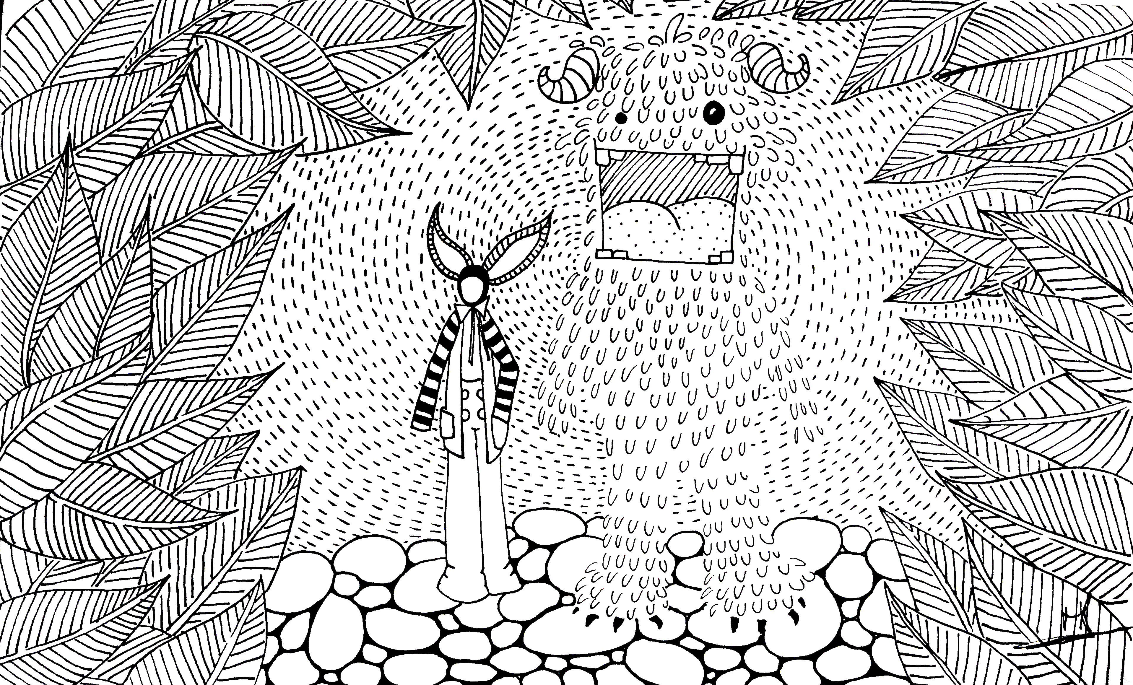 Ilustración que inspira "La guarida del monstruo" Aparece un hombre hoja con unas orejas largas que parecen de conejo y un monstruo grande y peludo con una boca abierta enorme y dos cuernos pequeñitos que recuerdan dos coletitas.