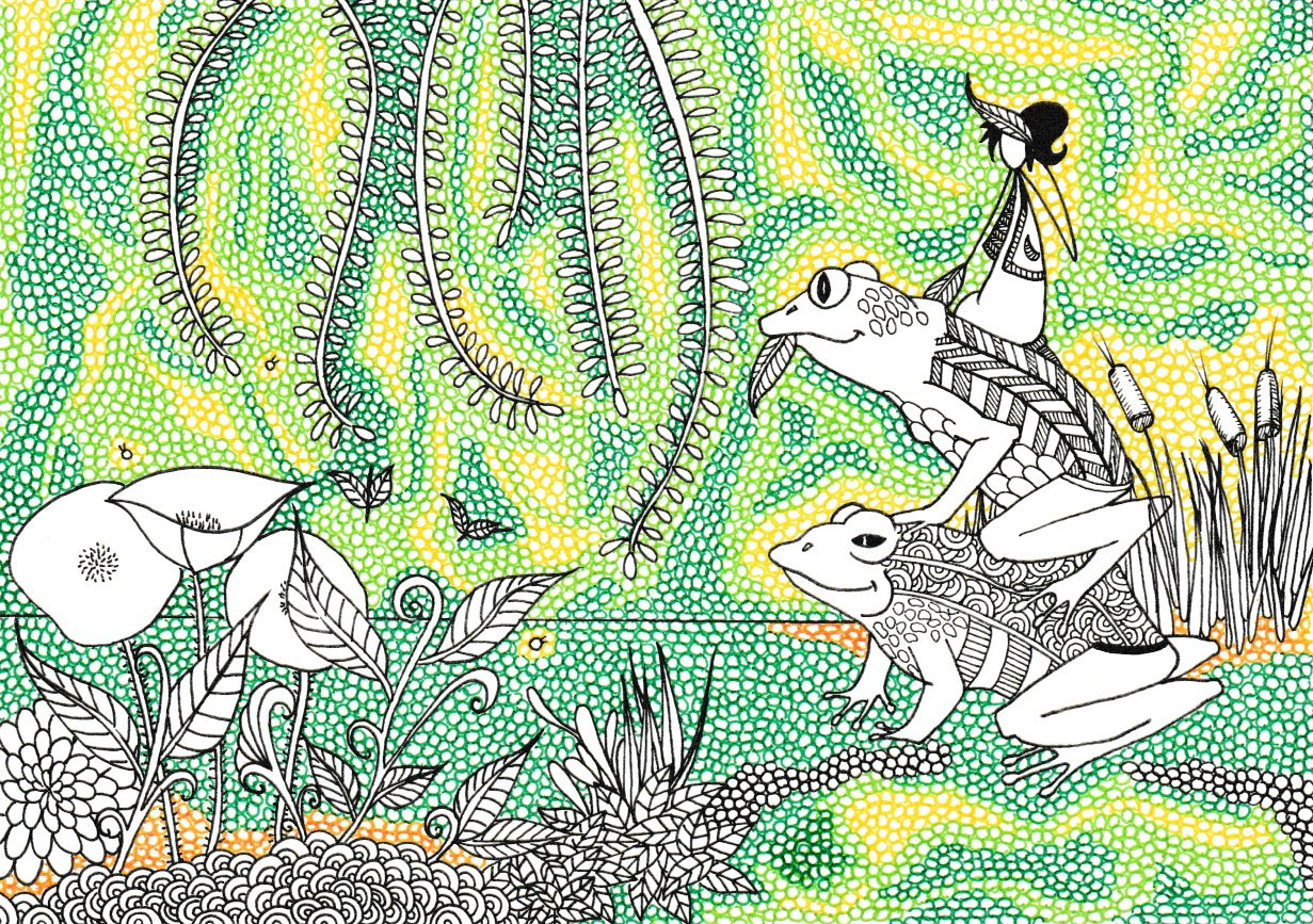 Ilustración que inspiro el cuento "Ranas, sapos y respuestas" Aparecen tres personajes dos ranas y una hada que pertenece a los hombre hoja